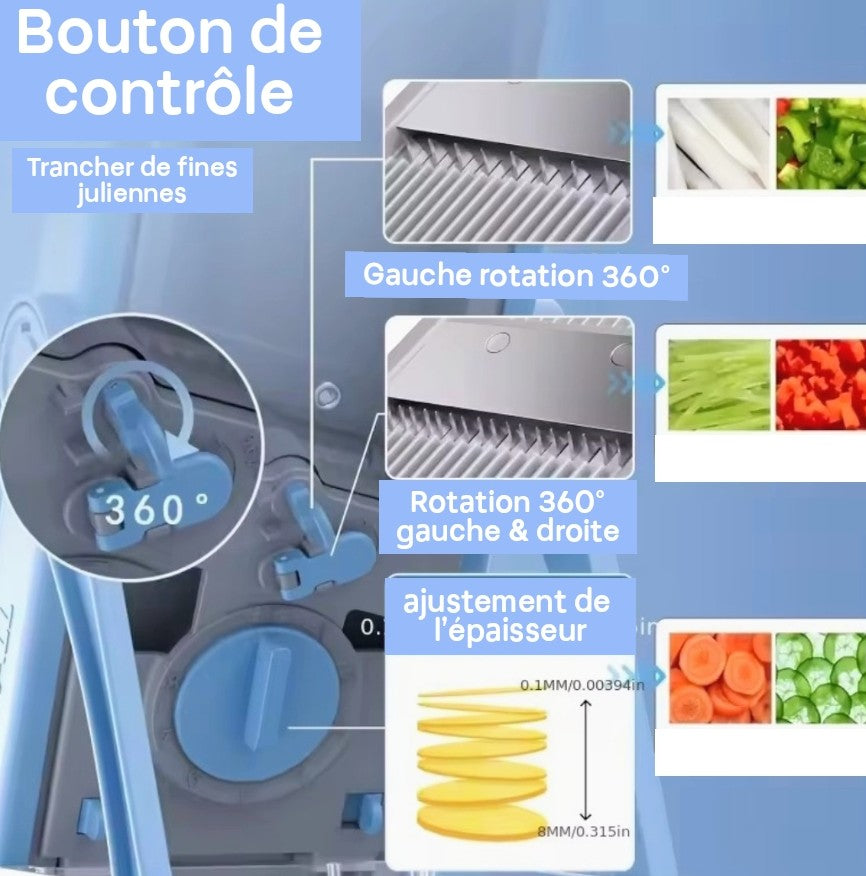 Démonstration des épaisseurs de tranches en tournant le bouton de contrôle du coupe légumes mandoline ProCut