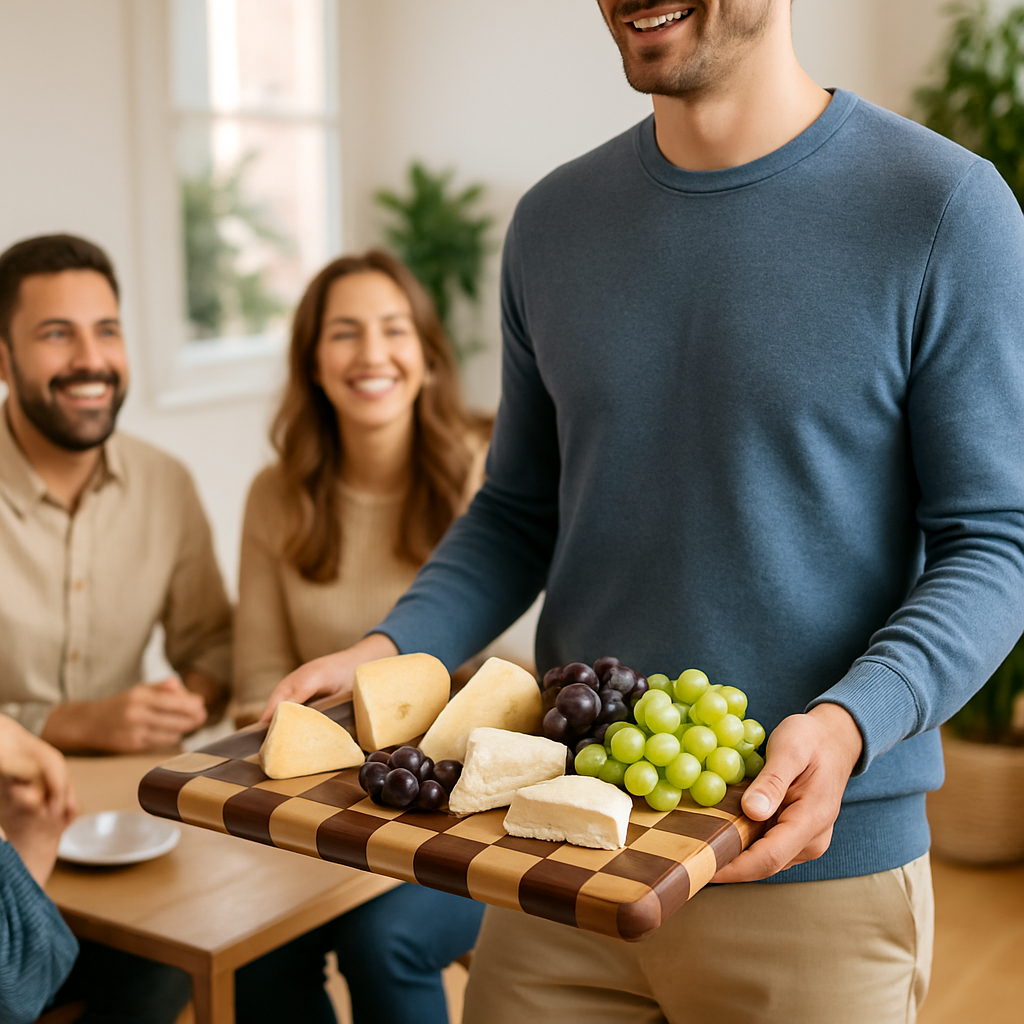 Homme transportant des fromages et raisins sur sa petite Planche à découper en bois Damier Premium lors d'une rencontre entre amis.