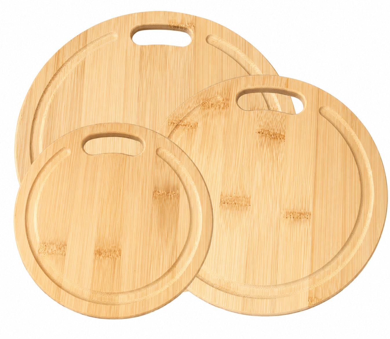 Trio de planches à découper ronde en bambou avec poignée intégrée et rigole récupératrice de jus, sur fond blanc