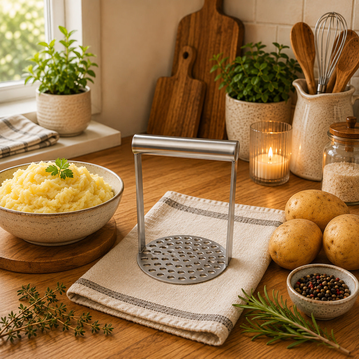 Presse-purée en inox avec poignée horizontale présenté sur un joli linge en lin entouré de pommes de terre natures et en purée.