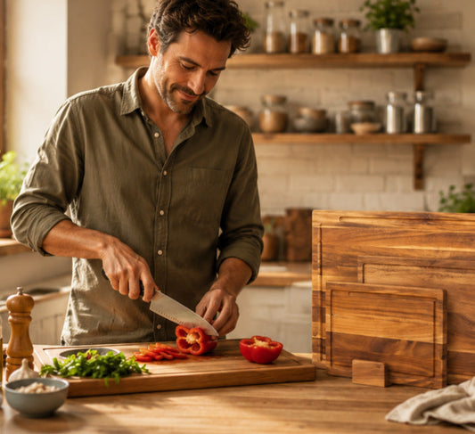 Un papa tranche un poivron rouge sur une planche en bois d'acacia dans une cuisine aux tons chauds
