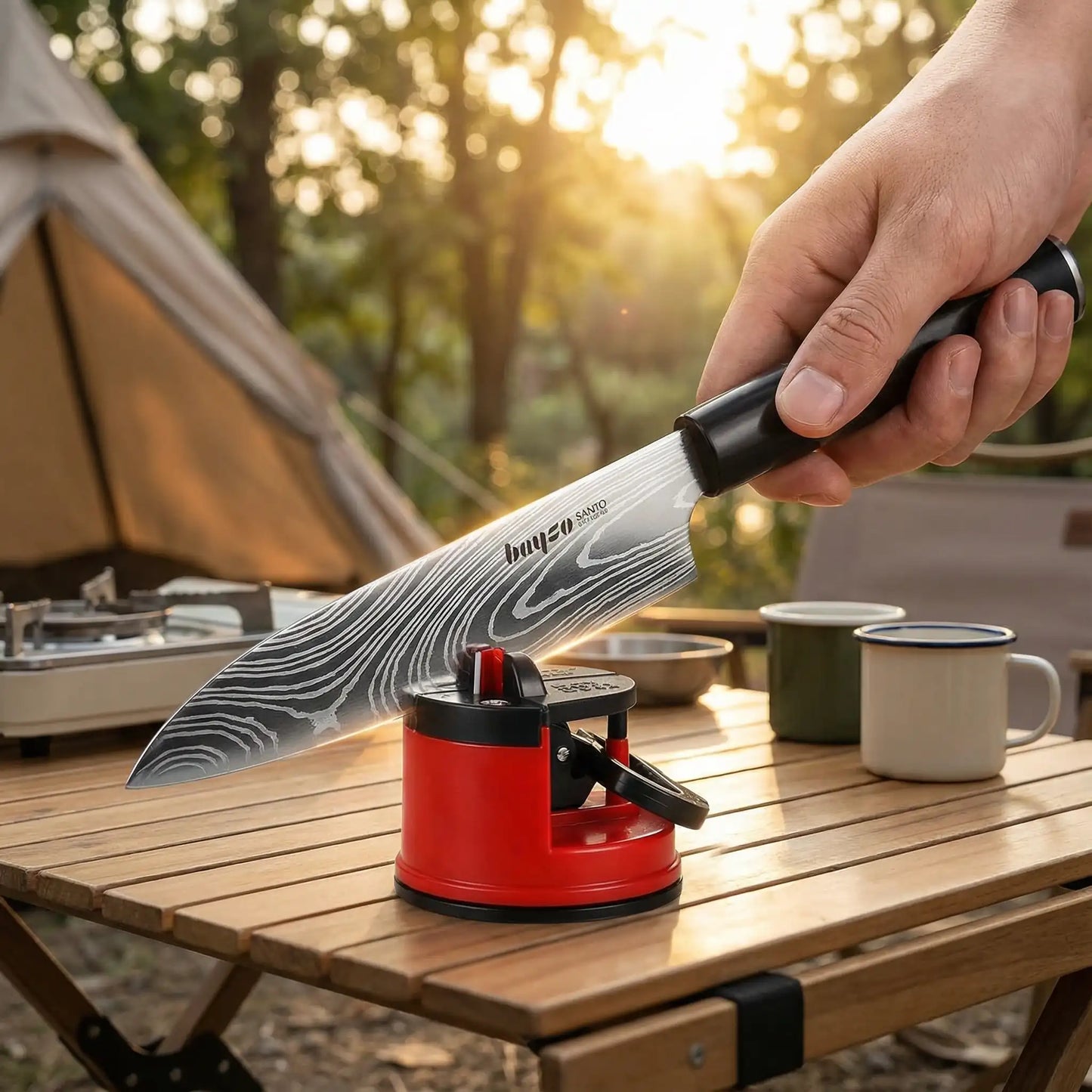 Aiguiseur couteau rouge utilisé sur une table de pique-nique près d'une tente