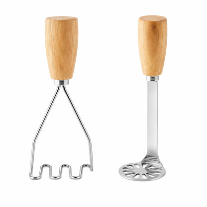 Presse purée manuel le duo, en bois et inox sur fond blanc