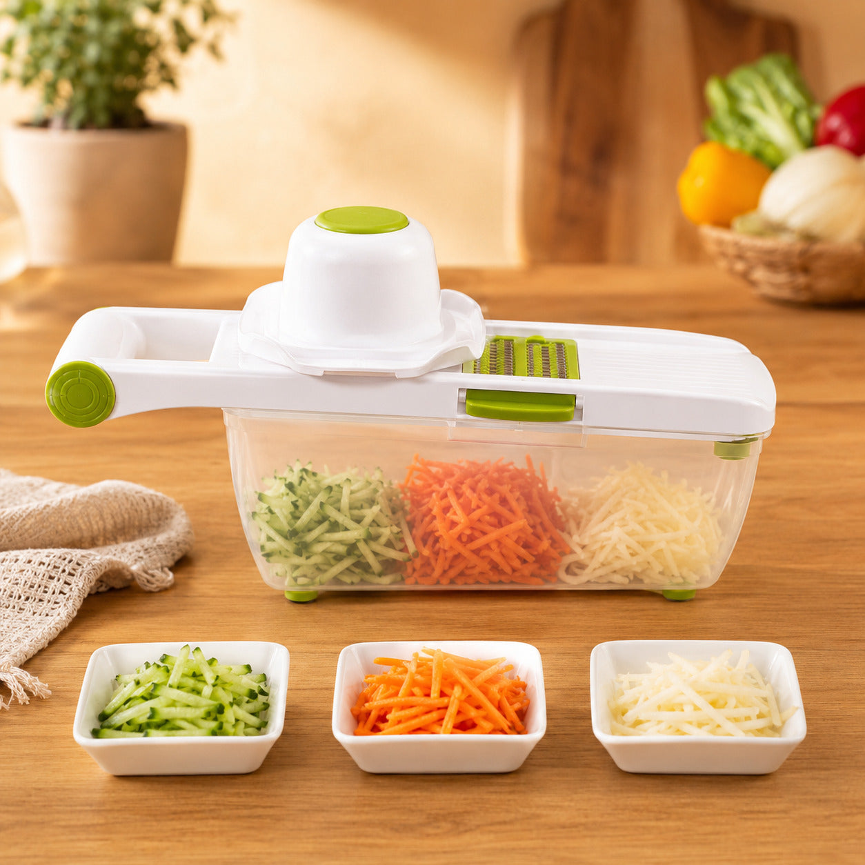 MANDOLINE | 8 LAMES, UN CONTENANT MI-TRANSPARENT A POIGNEE, UN PROTEGE DOIGTS