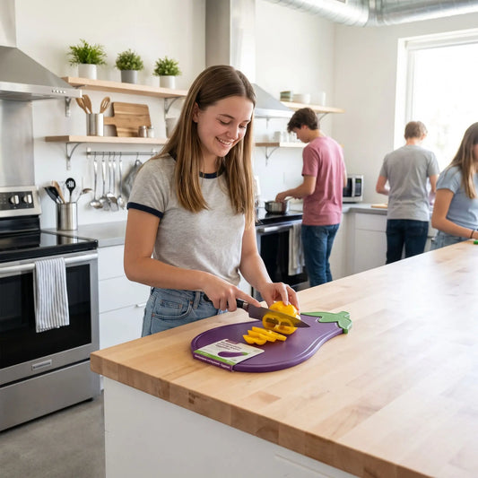 Une étudiante tranche un poivron jaune sur sa planche en forme d'aubergine, dans une cuisine communautaire