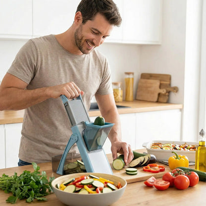 Un homme tranche un zucchini pour faire une ratatouille avec son coupe légumes mandoline ProCut 