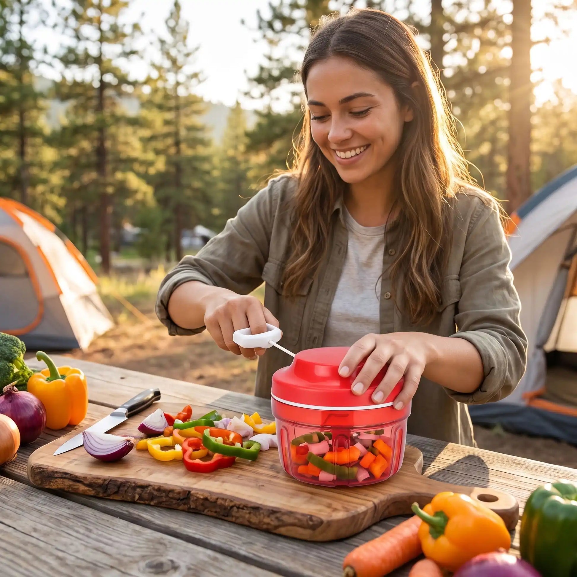 Une jeune femme prépare des légumes pour une salade, dans son hachoir manuel. Elle est à une tale de pique-nique en camping.