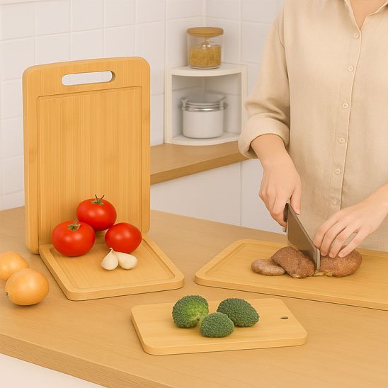 Planche à découper BambouCut, montrant les trois tailles mais avec une femme qui coupe un aliment au couperet