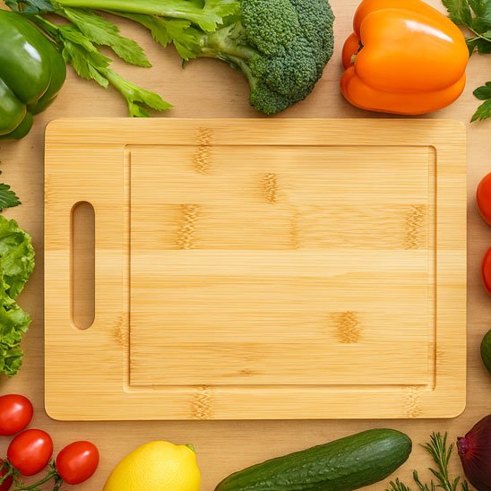 Planche à découper BambouCut taille moyenne vue de haut avec légumes tout autour