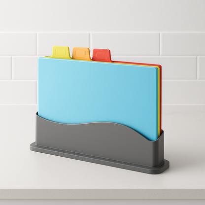 Planches à découper MiniQuatro avec trois planches dans leur support gris