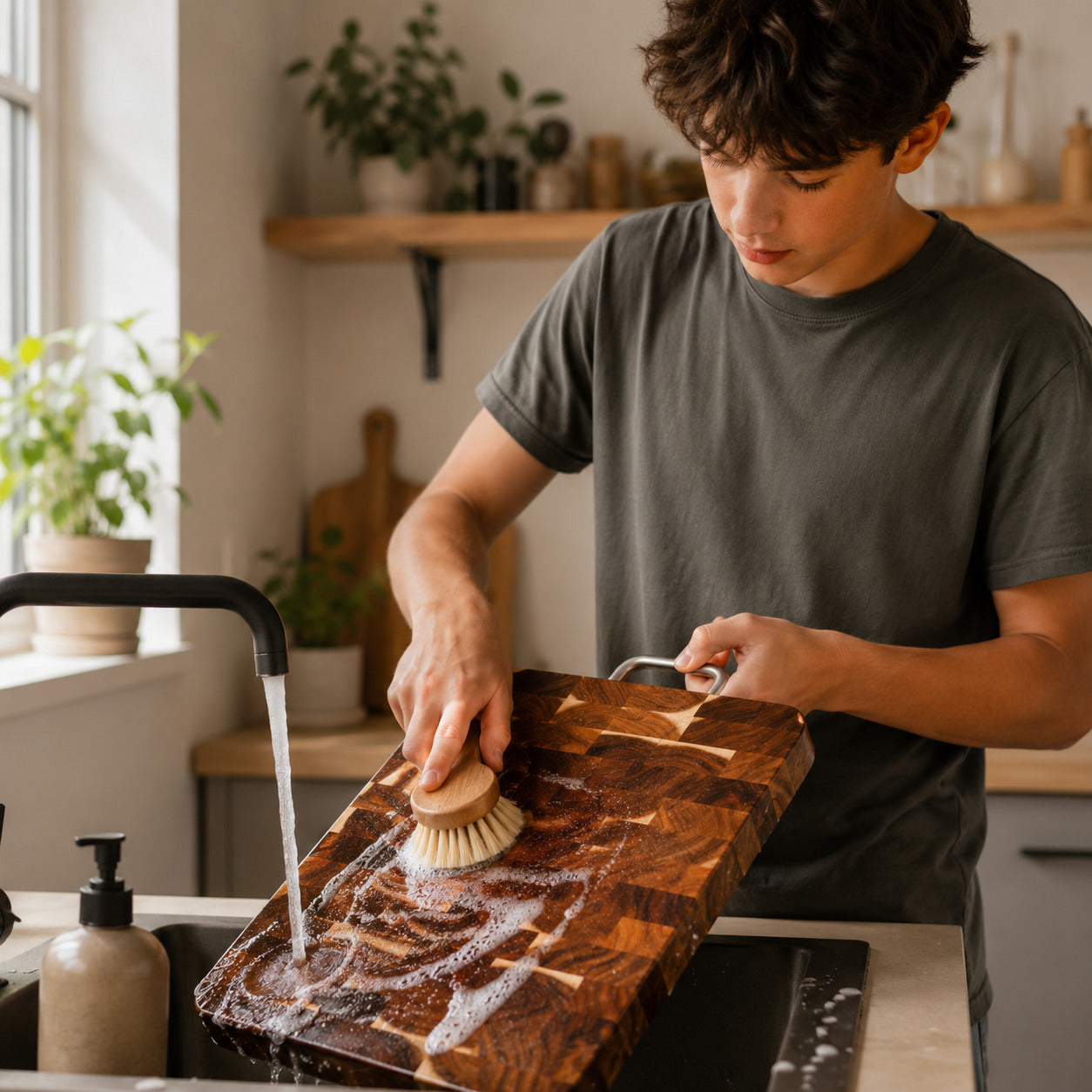 Un adolescent nettoie une planche à découper en bois damier transversal à l'aide d'une brosse, de savon et d'eau courante dans une cuisine chaleureuse.