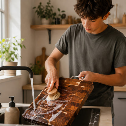 Un adolescent nettoie une planche à découper en bois damier transversal à l'aide d'une brosse, de savon et d'eau courante dans une cuisine chaleureuse.