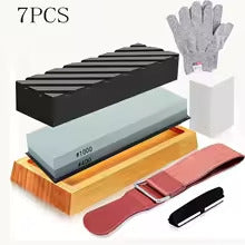 Ensemble d'aiguiseurs couteau professionnels de sept pièces comprenant une pierre 400, une pierre #1000, une base en bambou, un gant de protection, un bloc de lissage, une bande de cuir et un support pour angles.