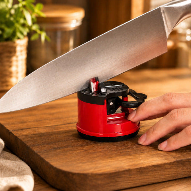 Aiguiseur couteau rouge compacte utilisé pour aiguiser un couteau du chef