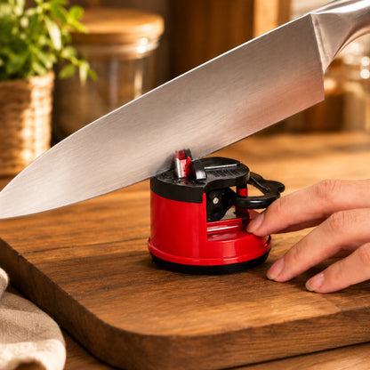 Aiguiseur couteau rouge compacte utilisé pour aiguiser un couteau du chef