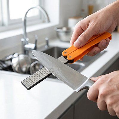 Un homme aiguise un couteau du chef avec l'aiguiseur de couteau