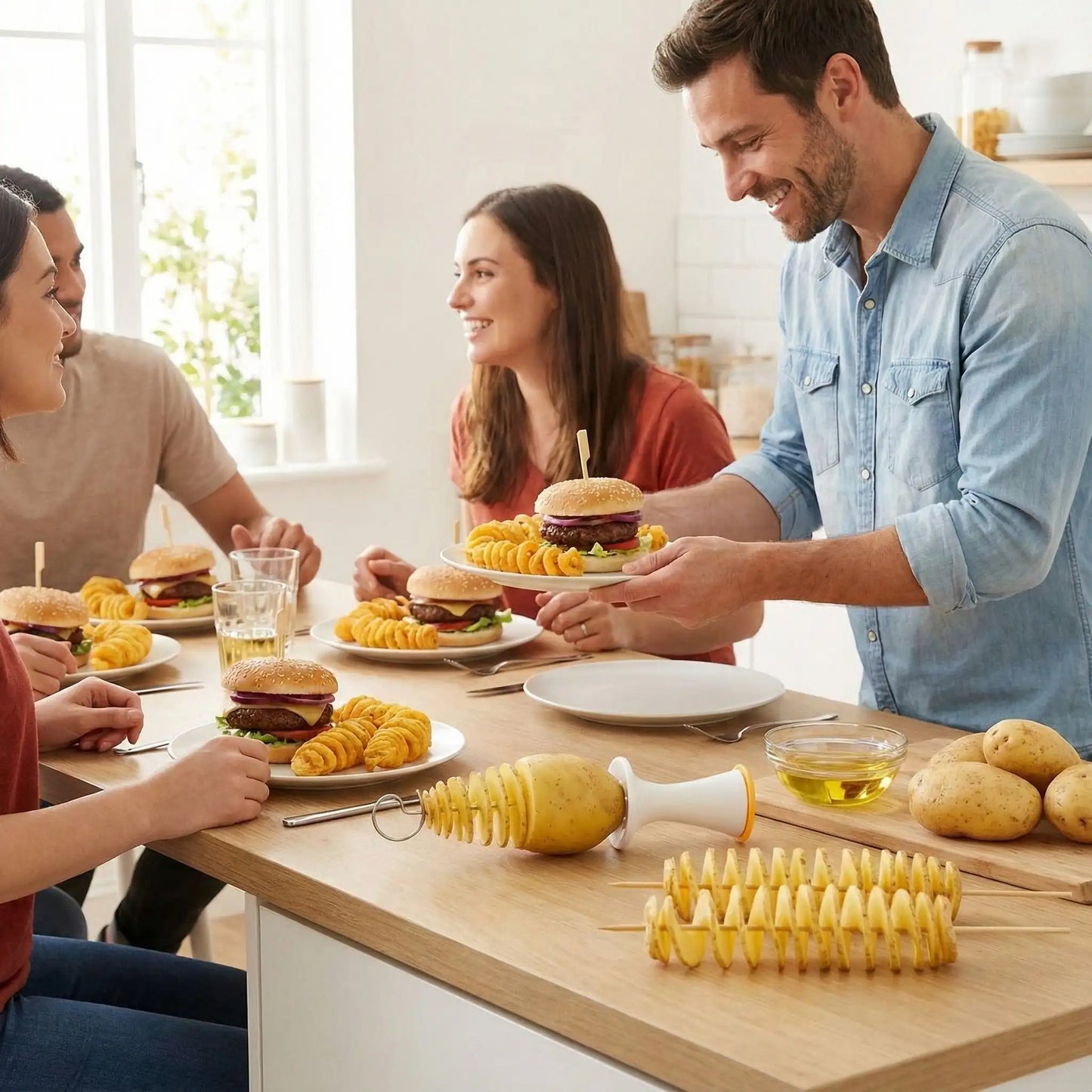 Groupe d'amis qui mangent des burgers accompagnés de spirales de pomme de terres frites, coupées au SpiraChef