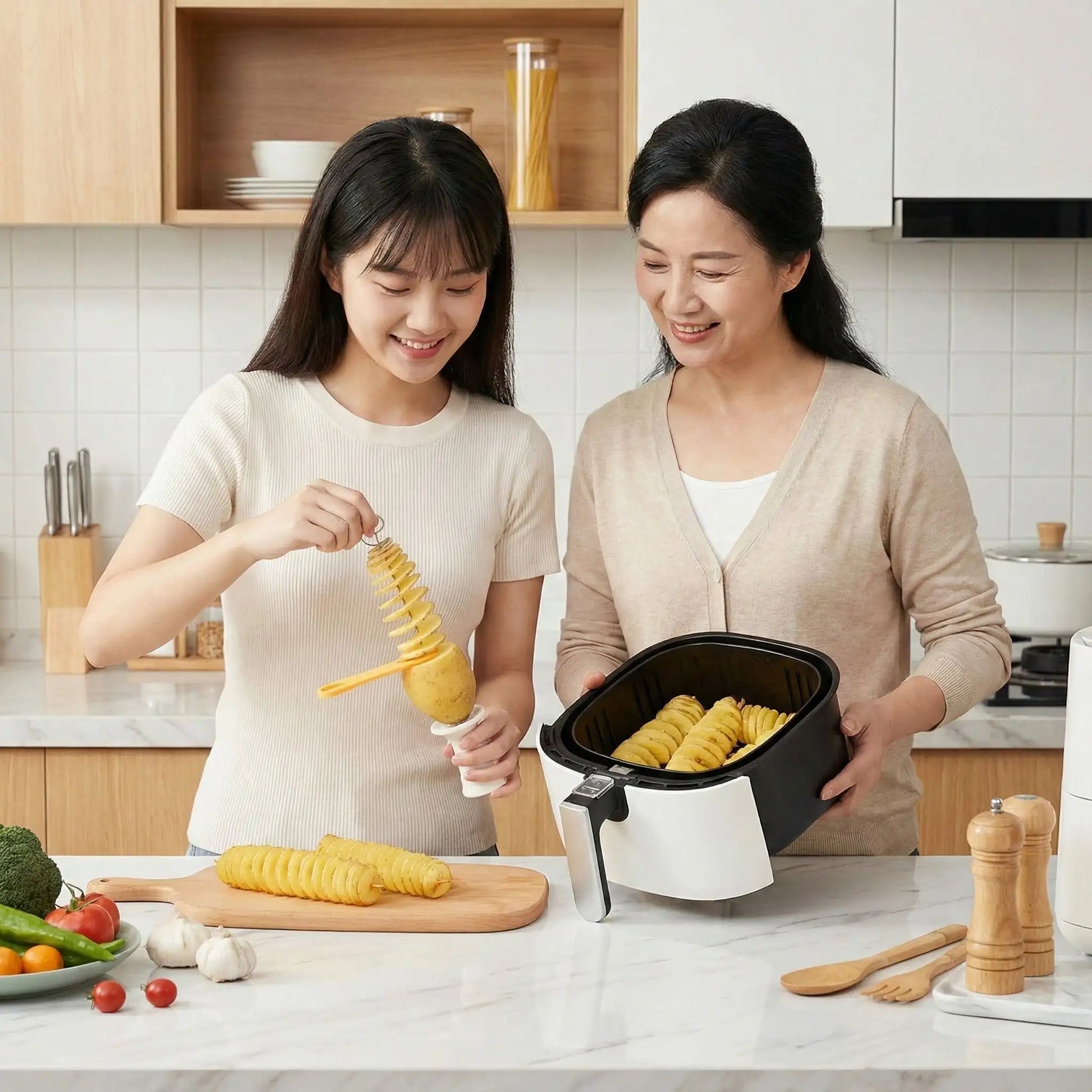 Maman surveillant sa fille qui fait des spirales de pomme de terre au air fryer avec le coupe légumes SpiraChef