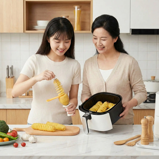 Maman surveillant sa fille qui fait des spirales de pomme de terre au air fryer avec le coupe légumes SpiraChef