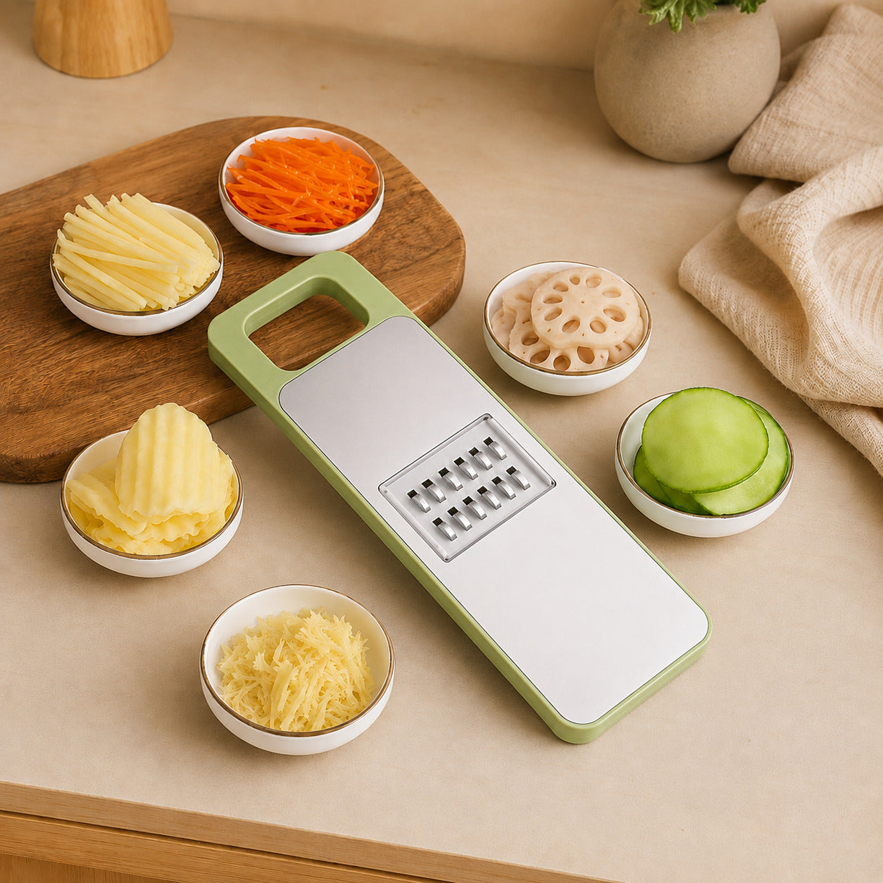 Mandoline en inox entouré d'un plastique rigide vert, entouré de différentes coupes que les lames peuvent faire.