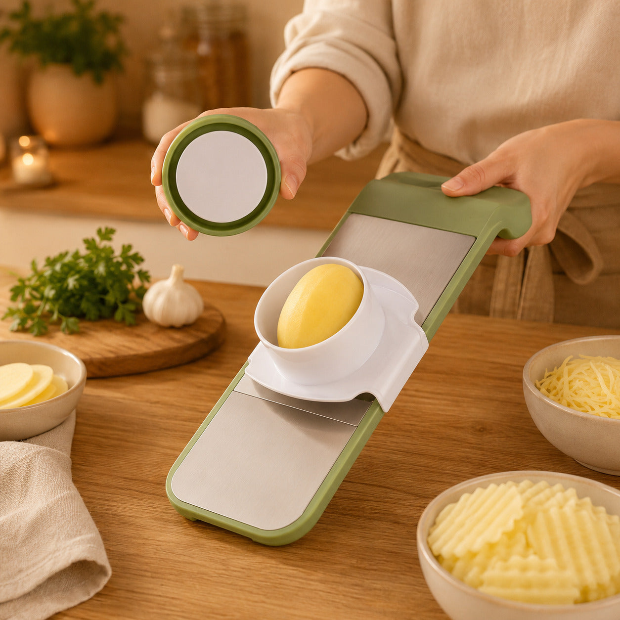 Image de proche ou on voit une femme présenter la mandoline et son protège doigt sur une table en bois, à trancher des pommes de terre.