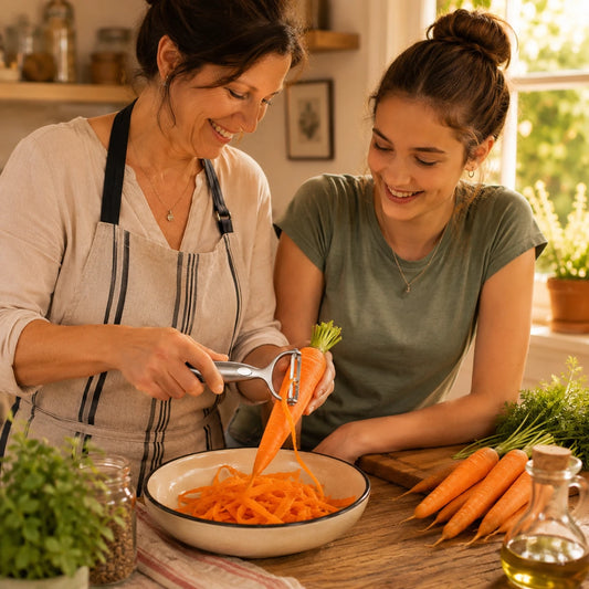 Econome deluxe tout inox de couleur silver utilisé par une maman qui montre à sa fille comment l'utiliser pour faire une salade de carottes.