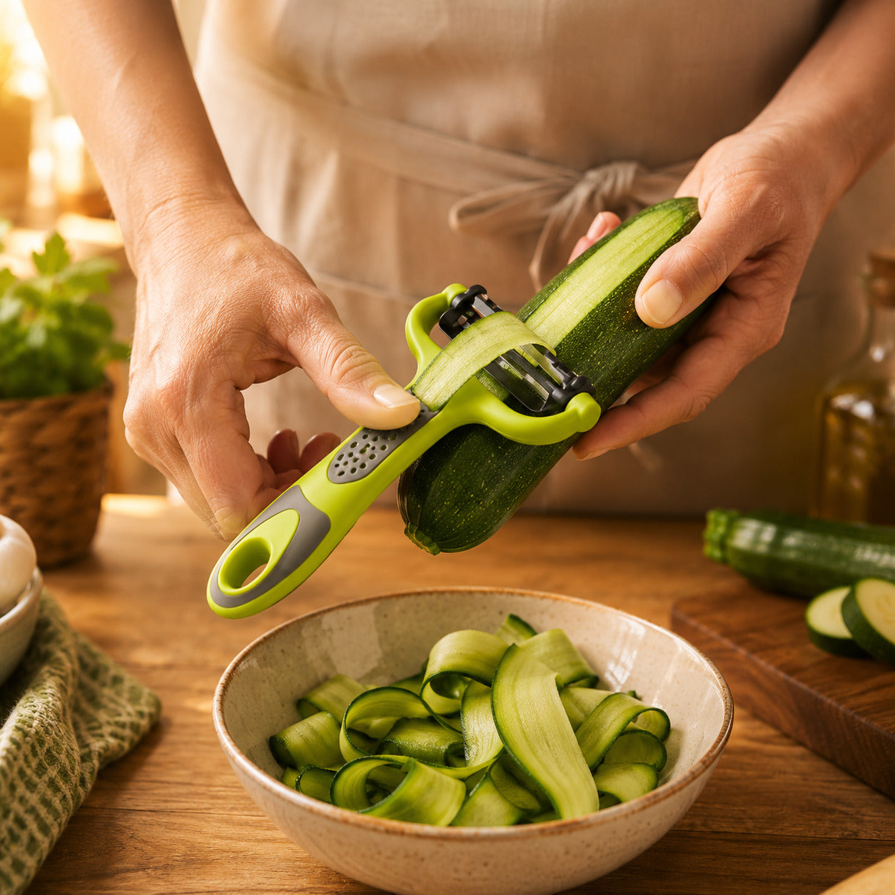 L'économe jaune et gris 3-en-un utilisé pour faire des rubans de courgette.