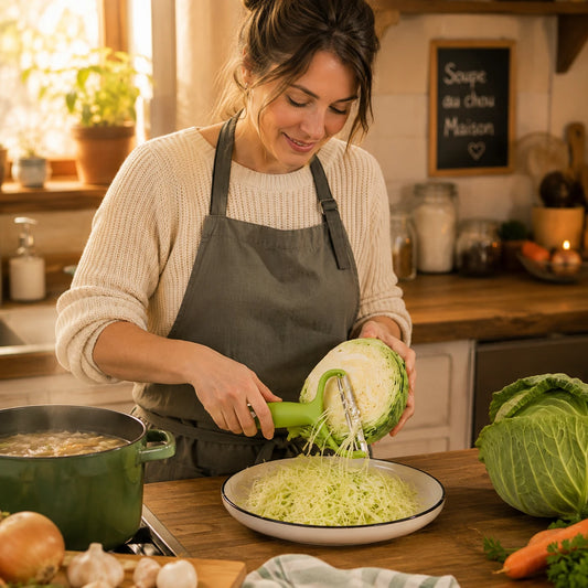 Econome à large lame et sa poignée antidérapante montrant une femme qui râpe un chou pour se préparer une soupe au chou.
