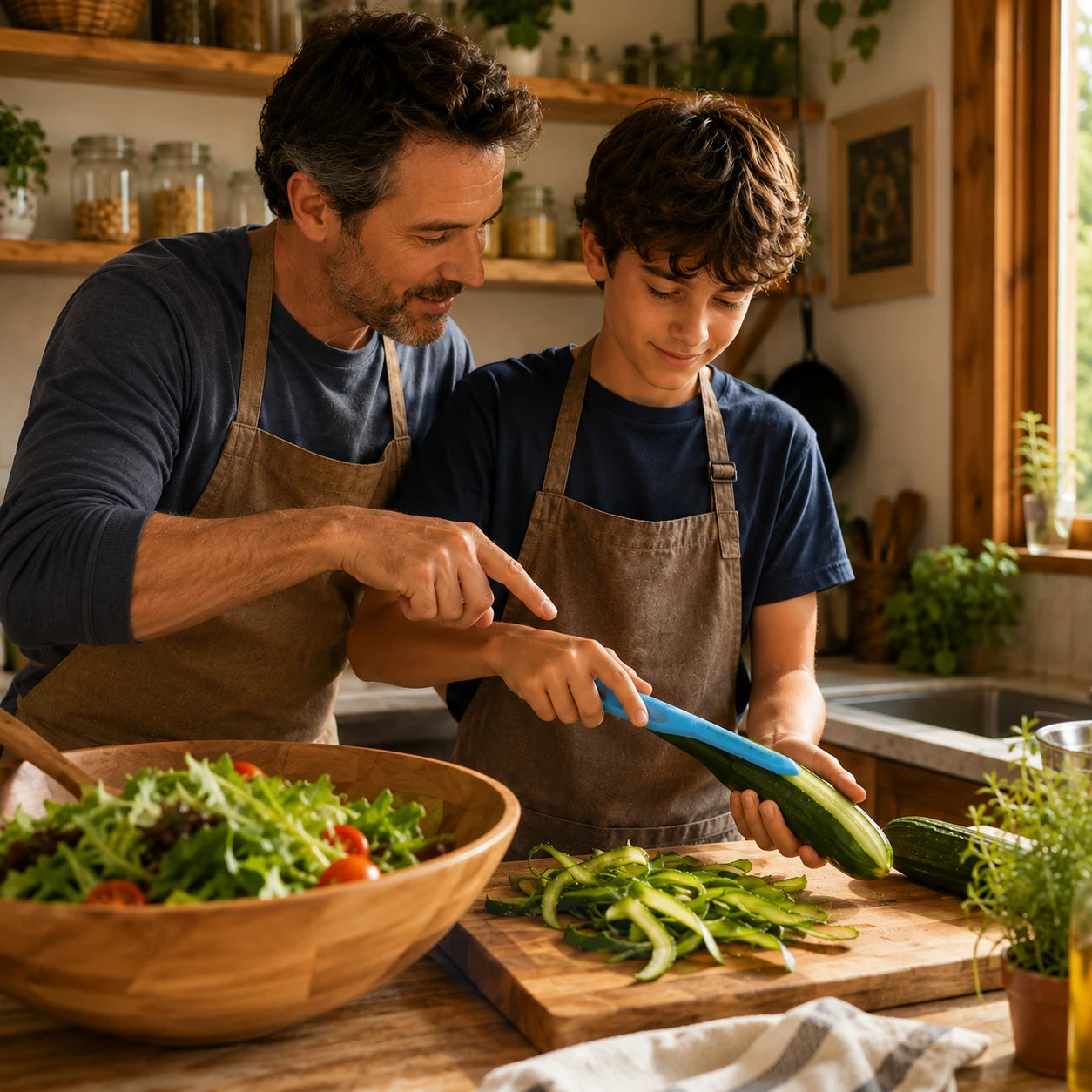 Économe joli, léger et ergonomique bleu, montrant un père qui apprend à son fils comment l'utiliser.