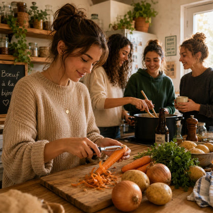 Le petit économe en forme de I utilisé par une femme qui épluche une carotte avec ses colocs.