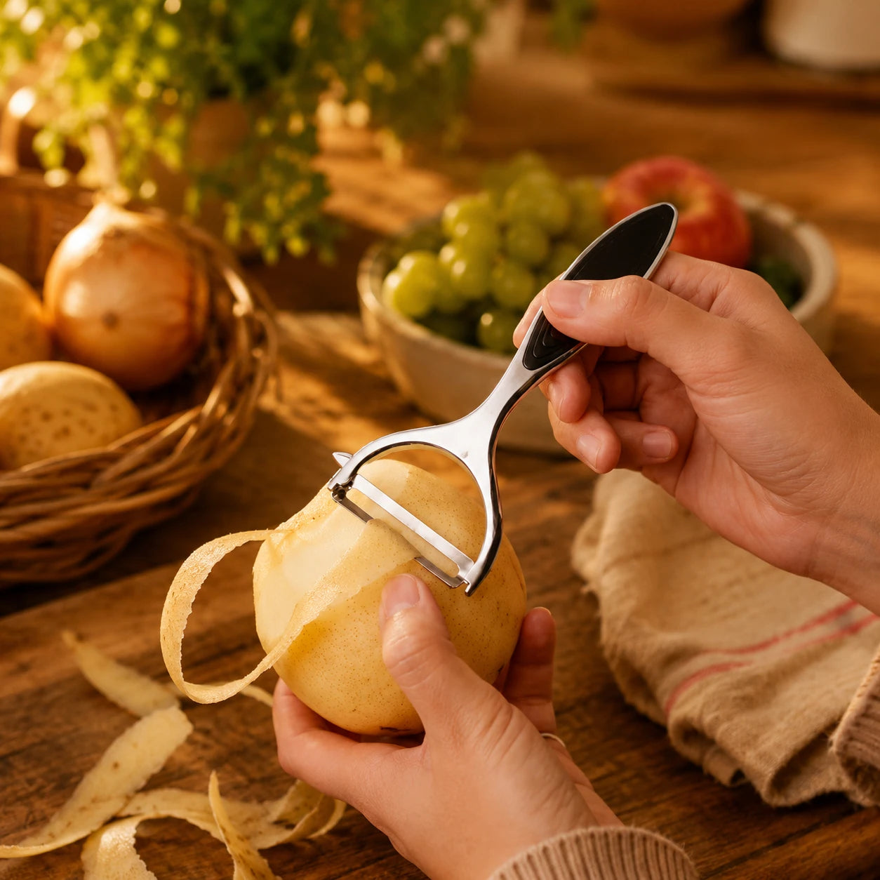 Le petit économe en forme de Y épluche une pomme dans un décor chaleureux.