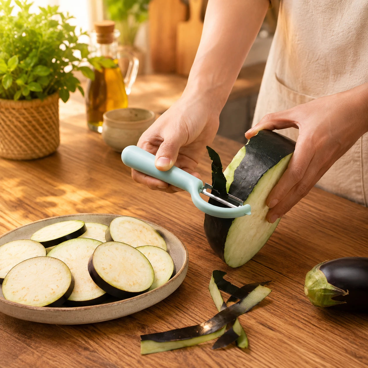 Econome et sa poignée ergonomique en abs montrant une femme de proche qui pele une aubergine.