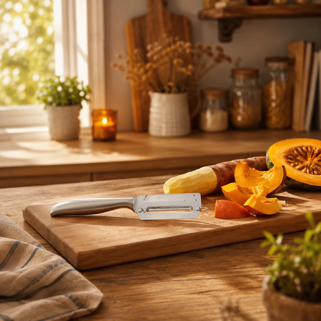 L'économe en inox à poignée ergonomique, présenté dans un décor chaleureux.
