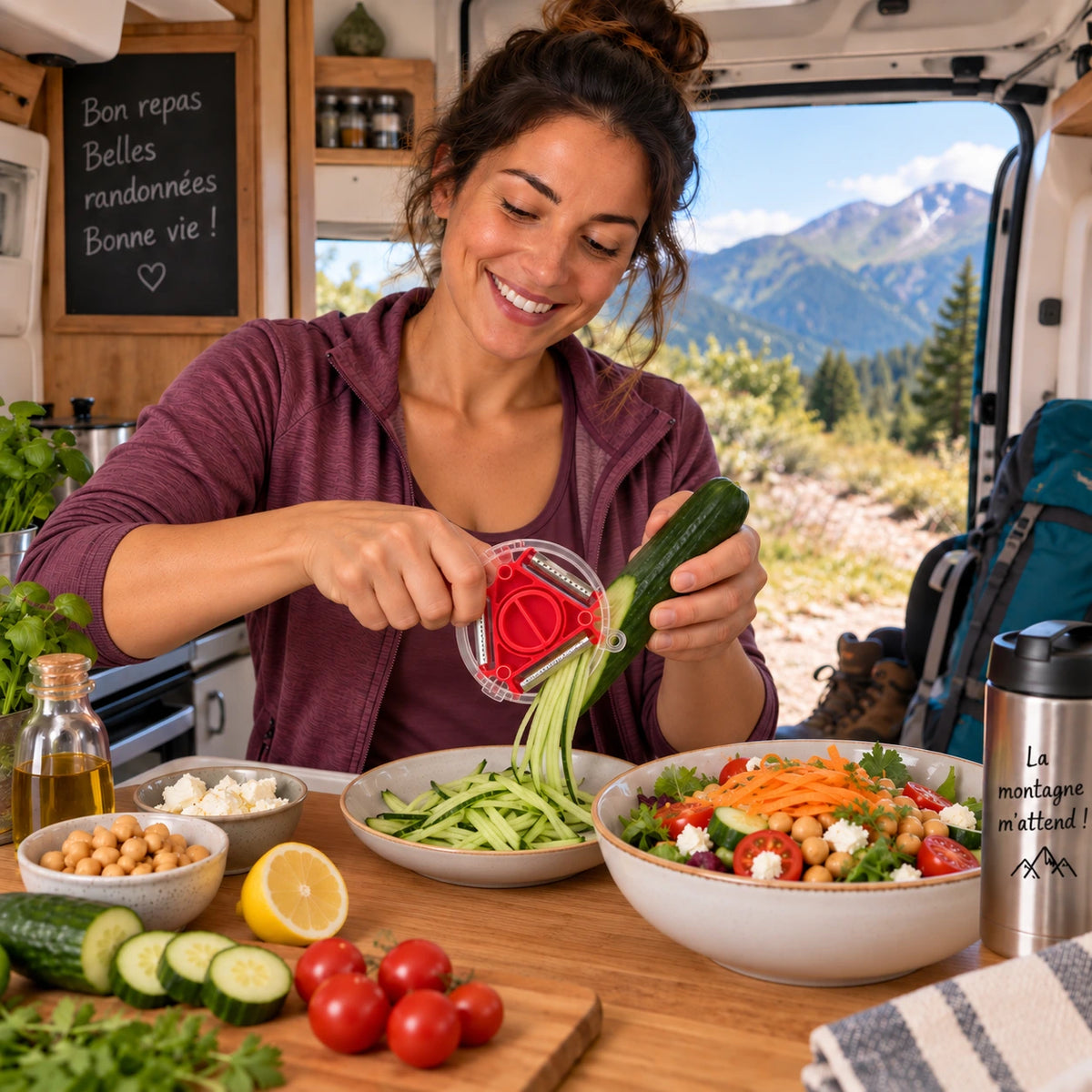 Éplucheur à légumes circulaire 3-en-1 rouge, manipulé par une jeune femme dans son camping-car.