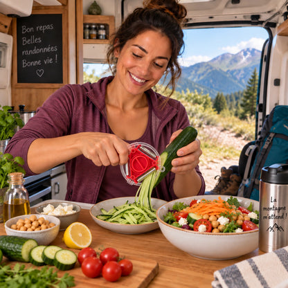 Éplucheur à légumes circulaire 3-en-1 rouge, manipulé par une jeune femme dans son camping-car.