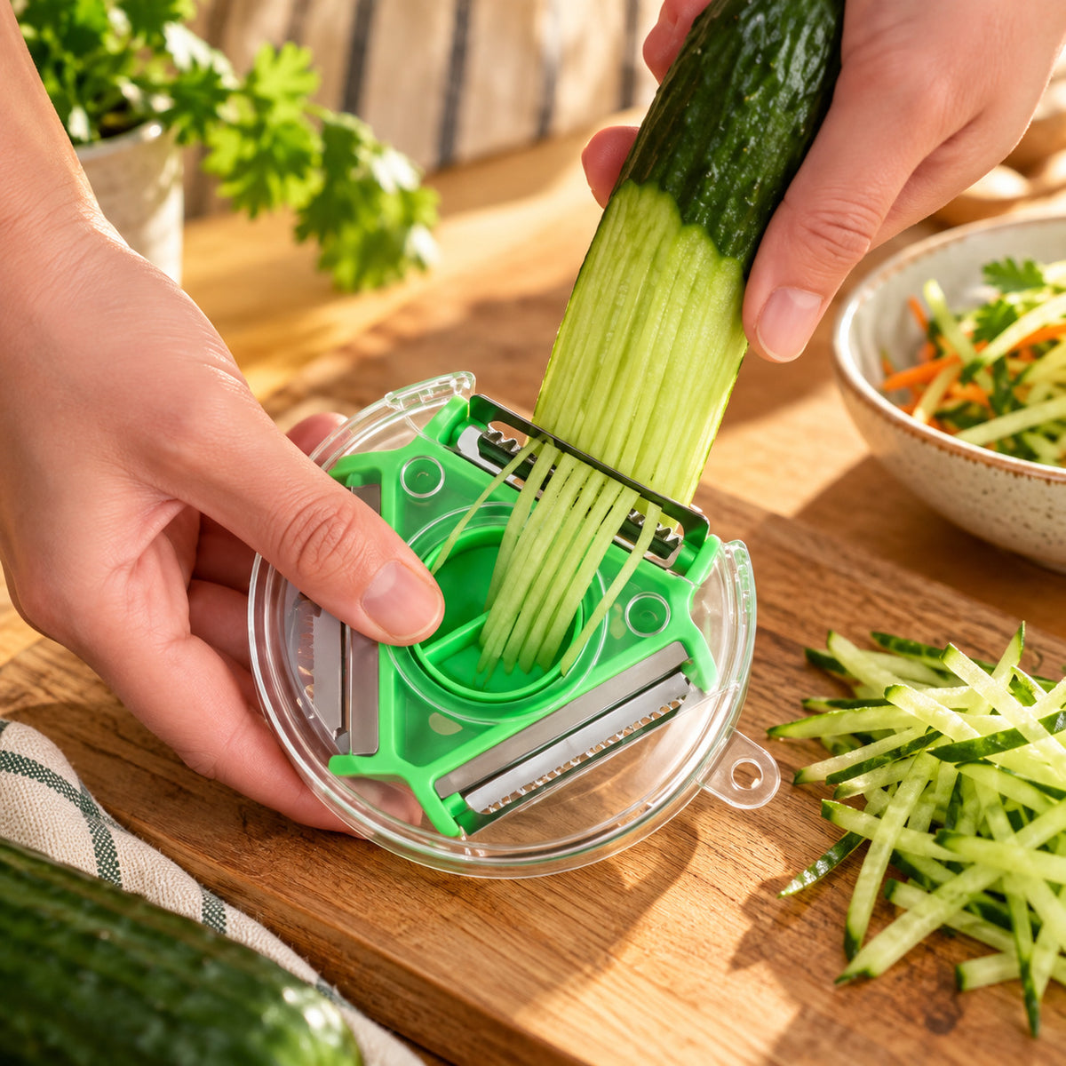 Éplucheur à légumes circulaire 3-en-1 vert, utilisé pour faire des juliennes de concombre.
