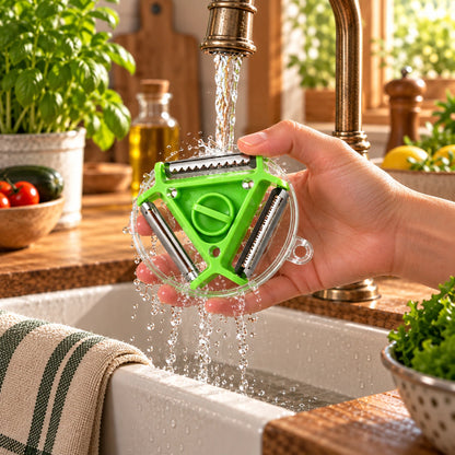 Éplucheur à légumes circulaire 3-en-1 vert sous un robinet, pour démontrer sa facilité de nettoyage.
