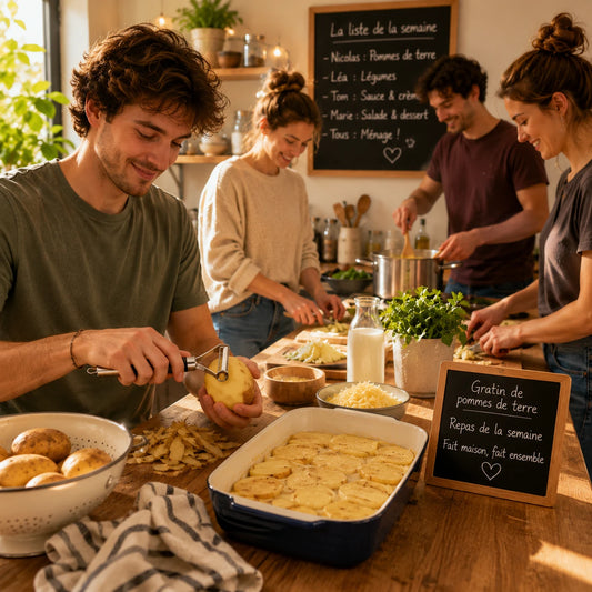 Éplucheur à légumes en inox utilisé par un étudiant qui pèle une pomme de terre pour cuisiner un gratin avec ses colocs.