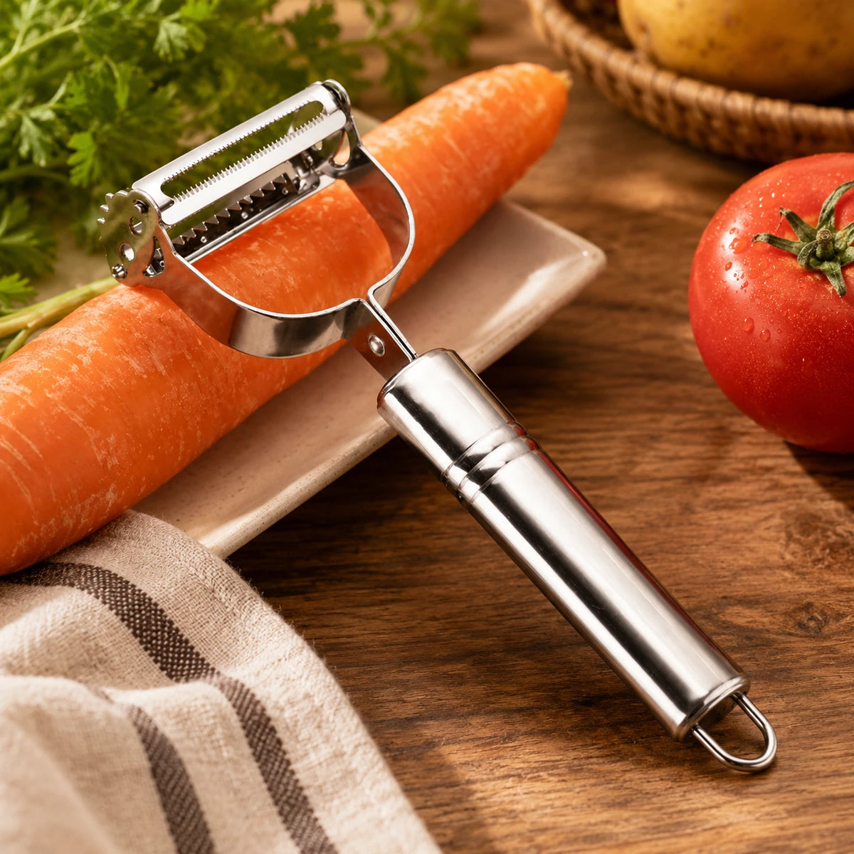 Éplucheur à légumes en inox montré sur une carotte en démo dans un décor chaleureux.