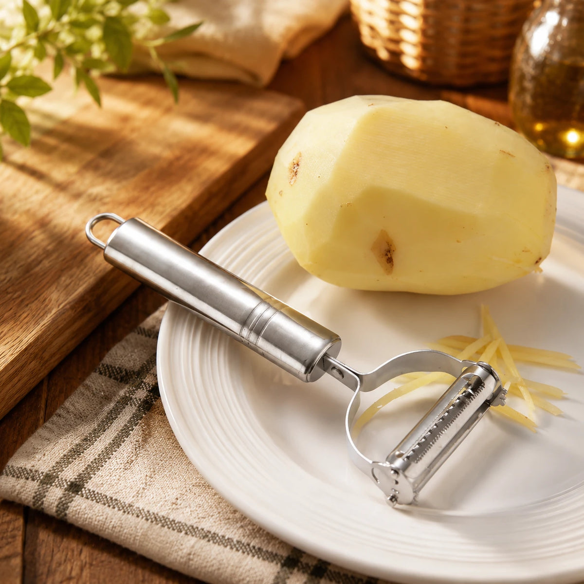 Éplucheur à légumes en inox présenté dans une assiette près d'une pomme de terre.