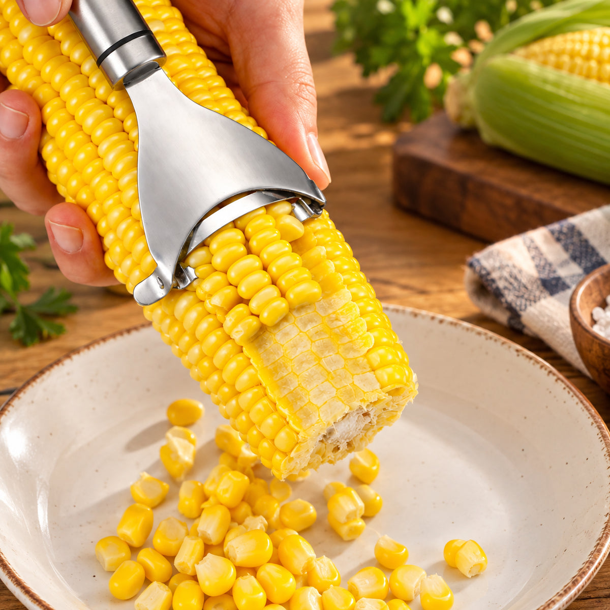 Éplucheur à légumes en inox, pour les épis de maïs, vue de très proche, montrant le fonctionnement, dans un décor chaleureux.