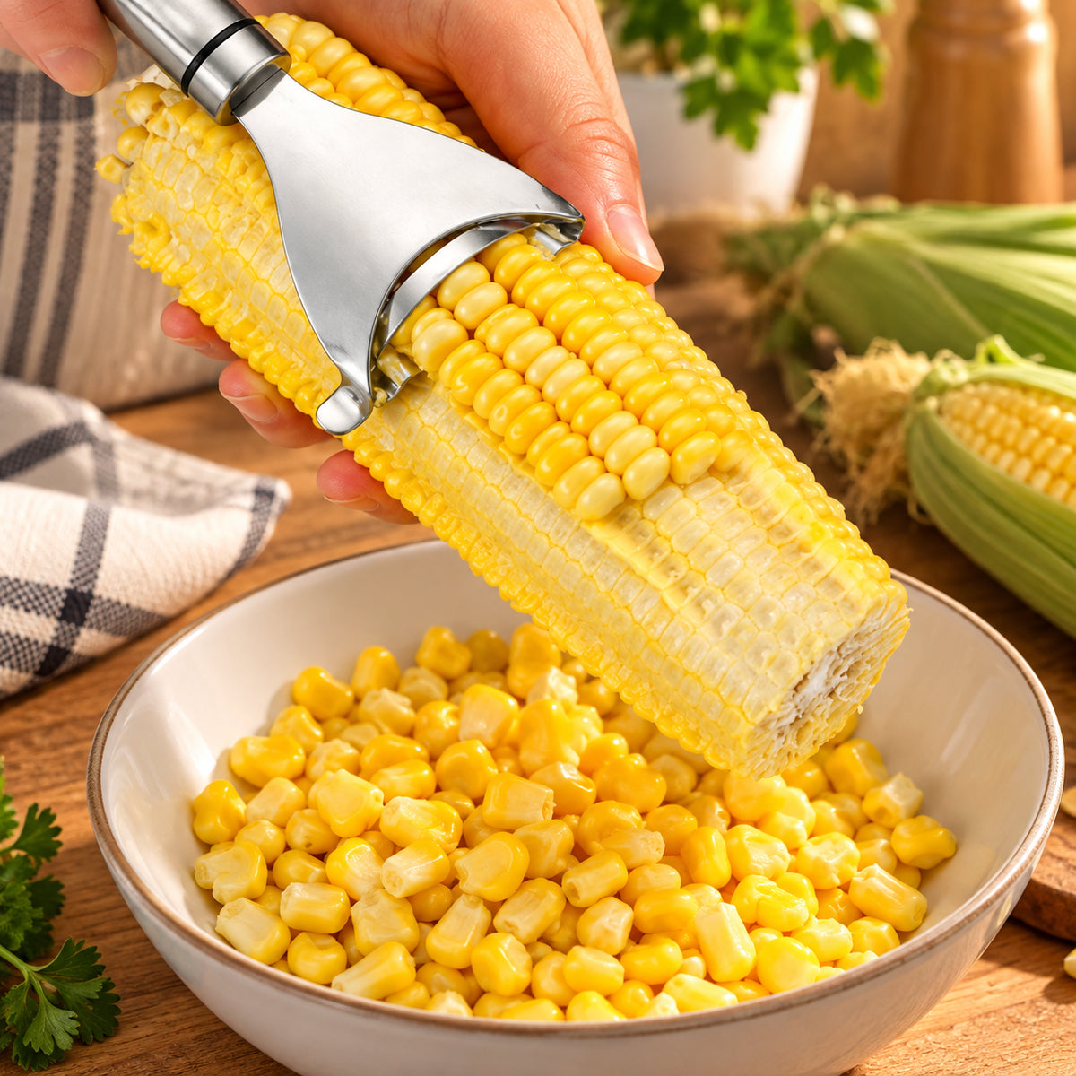 Éplucheur à légumes en inox, pour les épis de maïs, vue de proche, montrant le fonctionnement, dans un décor chaleureux.
