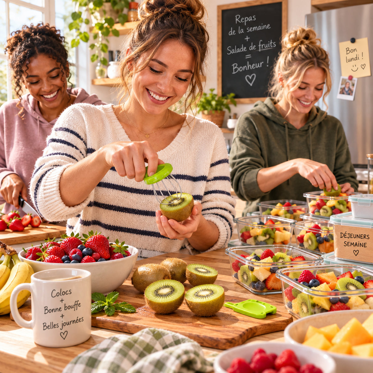 L'Éplucheur et évideur de kiwis utilisé par une femme qui prépare des kiwis pour une salade de fruits.