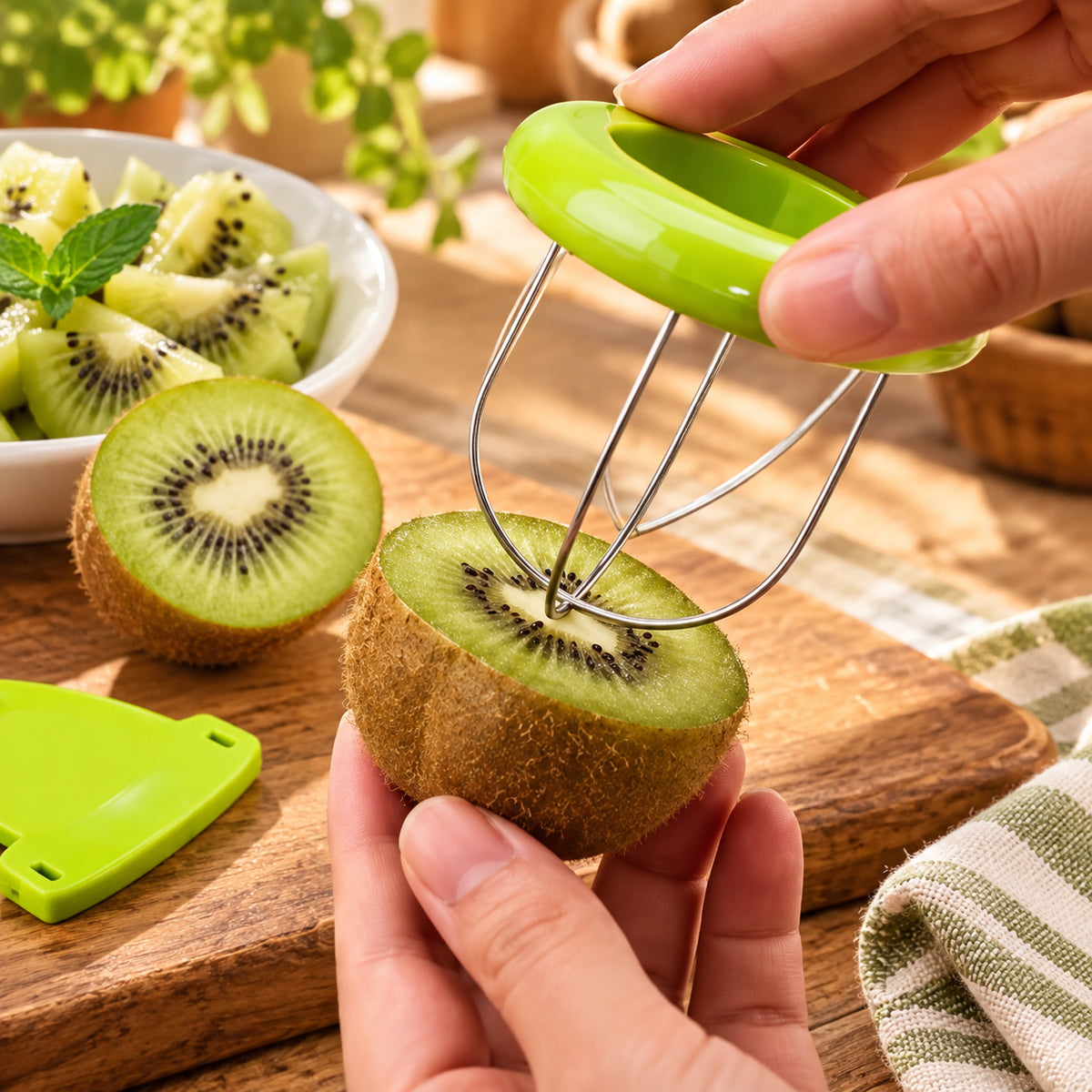L'éplucheur et évideur de kiwis montré de proche dans un décor chaleureux.
