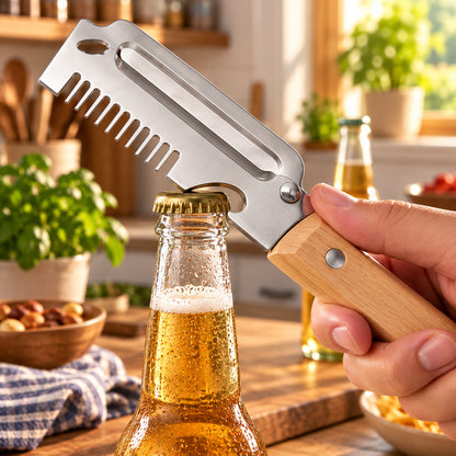 Éplucheur à légumes lame en inox manche en bois 3-en-un, montrant de près, le décapsuleur qui va ouvrir une bouteille de bière.
