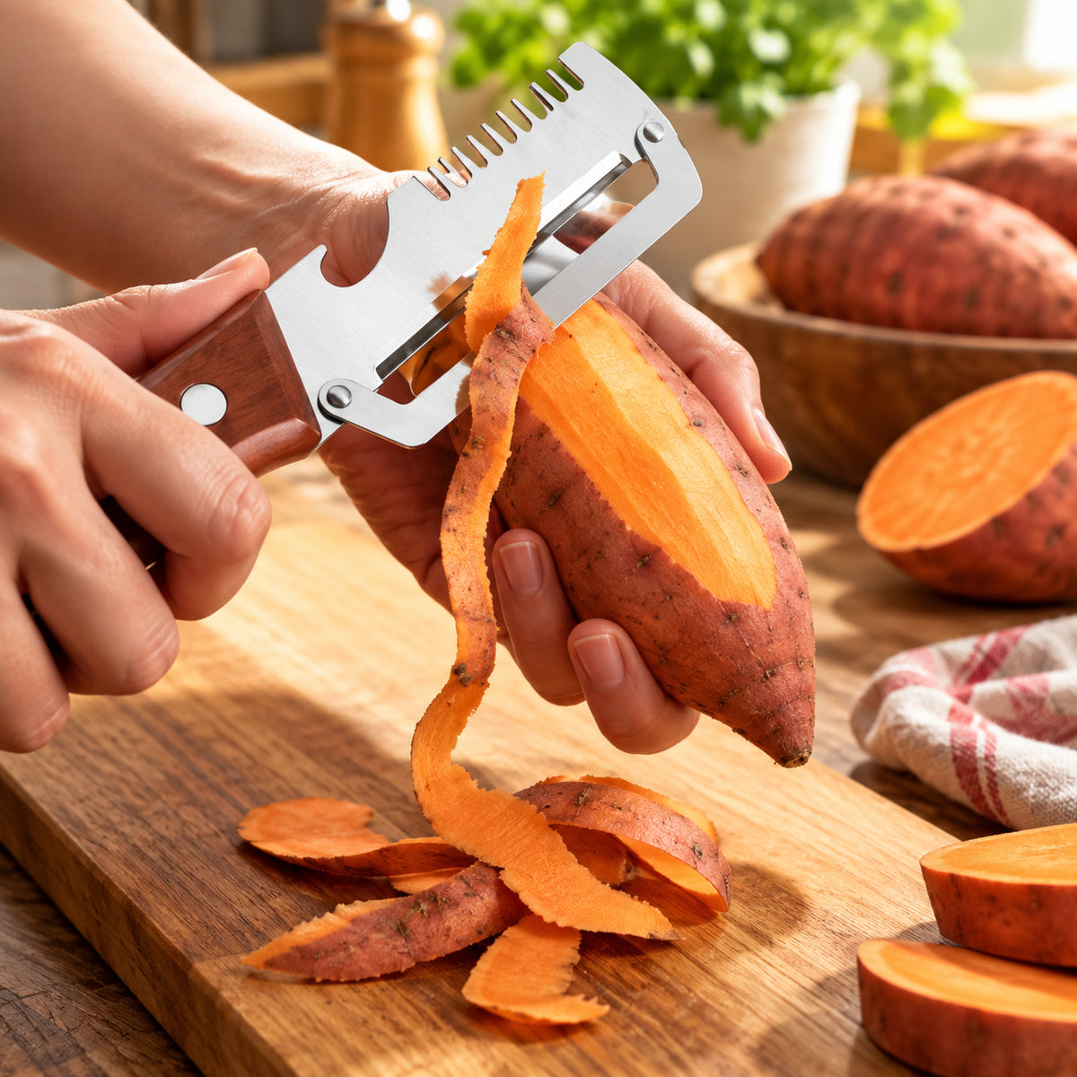 Éplucheur à légumes lame en inox manche en bois 3-en-un, montrant de près, une femme qui épluche une patate douce.