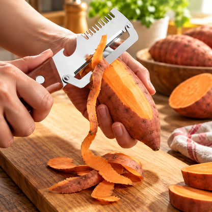Éplucheur à légumes lame en inox manche en bois 3-en-un, montrant de près, une femme qui épluche une patate douce.