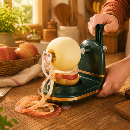 Eplucheur à pommes vert et or à manivelle montré de proche alors qu'une femme l'utilise pour montrer la facilité d'utilisation.