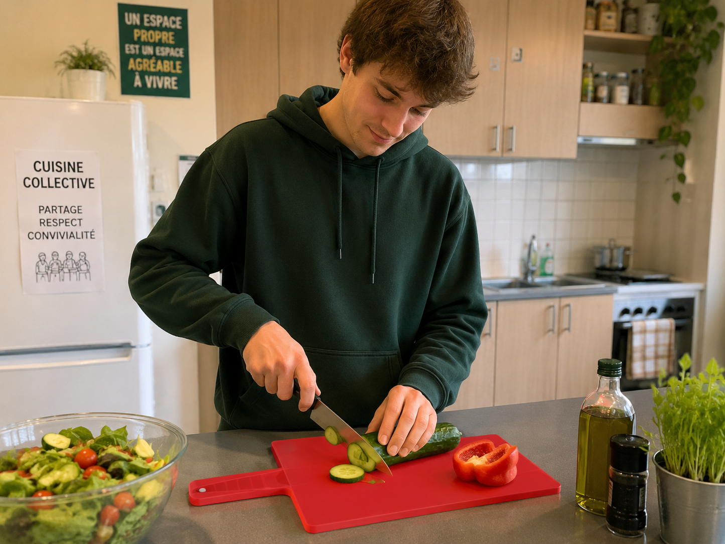 Un étudiant prépare une salade sur sa planche à découper rouge (image de la planche non identique à celle en réalité)