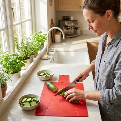 Une femme dans une cuisine ensoleillée aux tons clairs, coupe des tranches de concombres sur sa planche à découper pliable rouge.